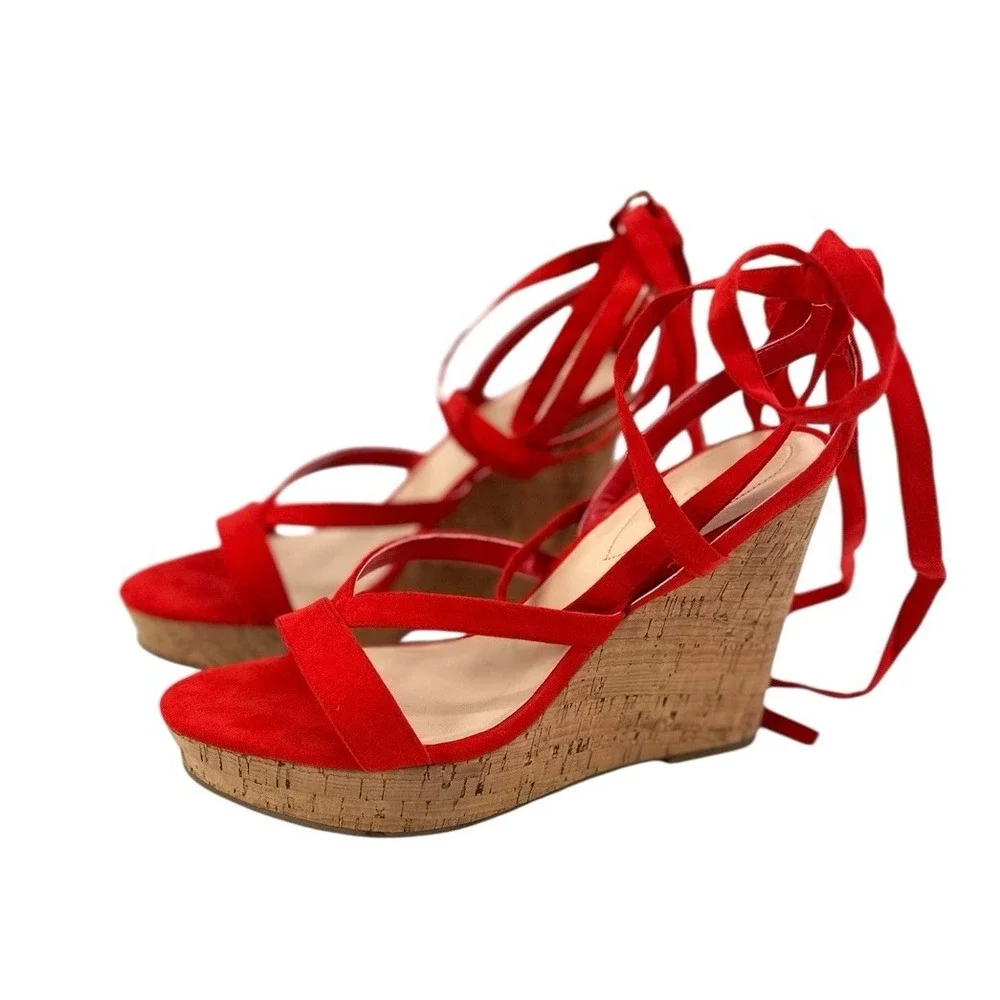 Guess Red Suede Cork Wedge Sandals